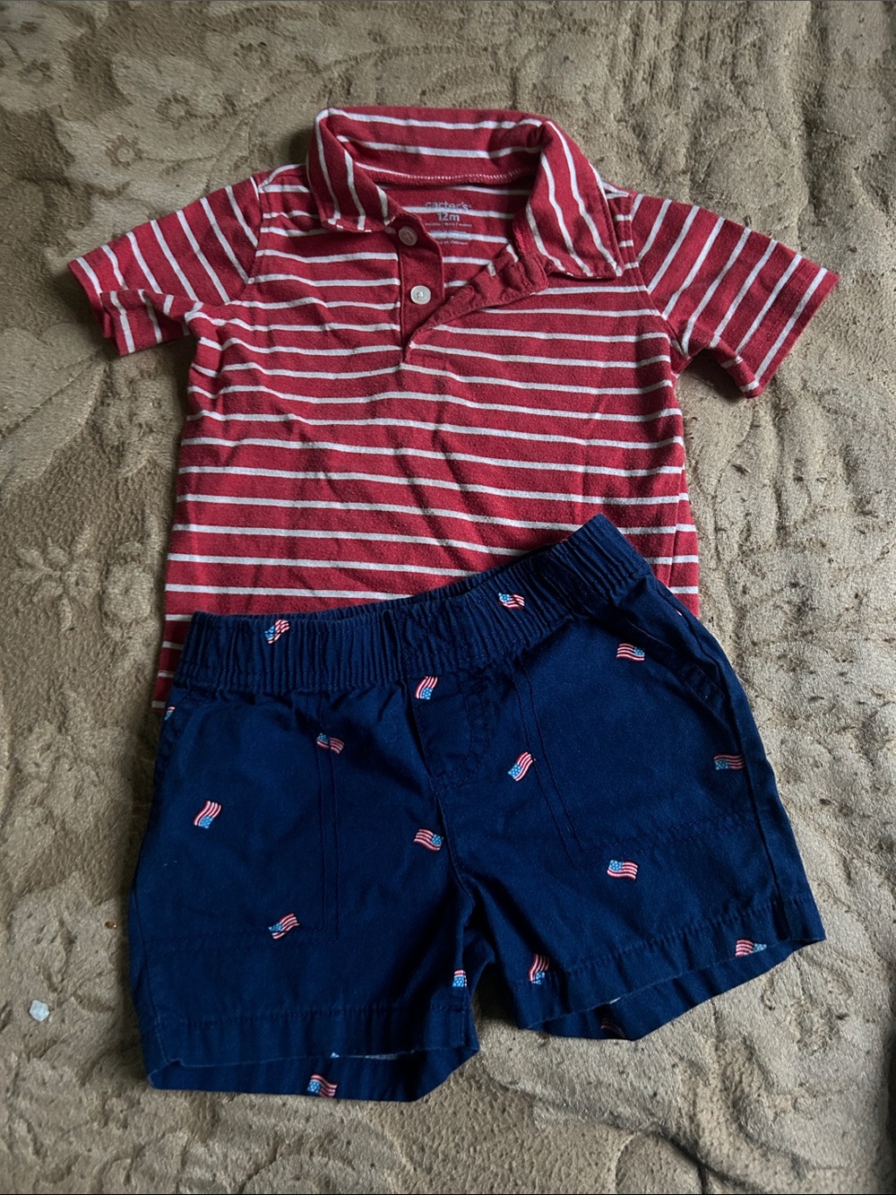 Carter's 12 mo Red and White Striped Polo Shirt and navy USA flag shorts-cotton